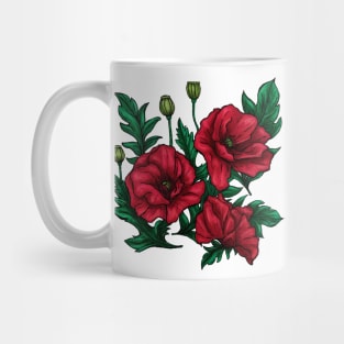 Hand-drawn red and green poppies flowers on white Mug